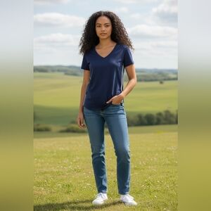 Crave Fame Navy Blue V-Neck Juniors Women's Sneaker Tee Medium NWT White Stripes